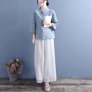 Artistic Cotton Linen Jacquard Embroidered Bell Sleeve Shirt - Image 9