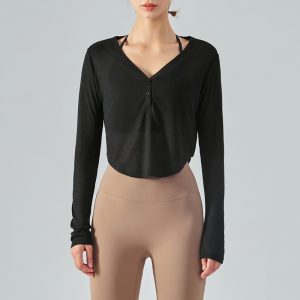 Loose V-neck Yoga Blouse Long Sleeve T-shirt Casual Draping Effect - Image 4
