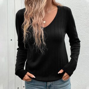 European And American Fall Women's Clothing Sunken Stripe V-neck Black Sweater For Women - Image 3