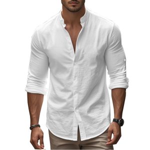 Standing Collar Solid Color Casual Cotton Linen Shirt - Image 9
