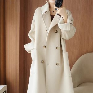 Long Below-the-Knee Double-Breasted Wool Coat In Korean Style - Image 6