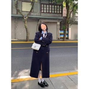 Navy Blue Womens Structured Wool Coat With A Refined Shoulder-Enhancing Design - Image 5