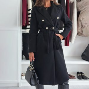 Women's Double Breasted Wool Trench Coat, Notch Lapel Midi Long Winter Coat With Belt - Image 3