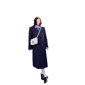 Navy Blue Womens Structured Wool Coat With A Refined Shoulder-Enhancing Design - Image 3