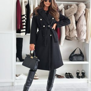 Women's Double Breasted Wool Trench Coat, Notch Lapel Midi Long Winter Coat With Belt - Image 6